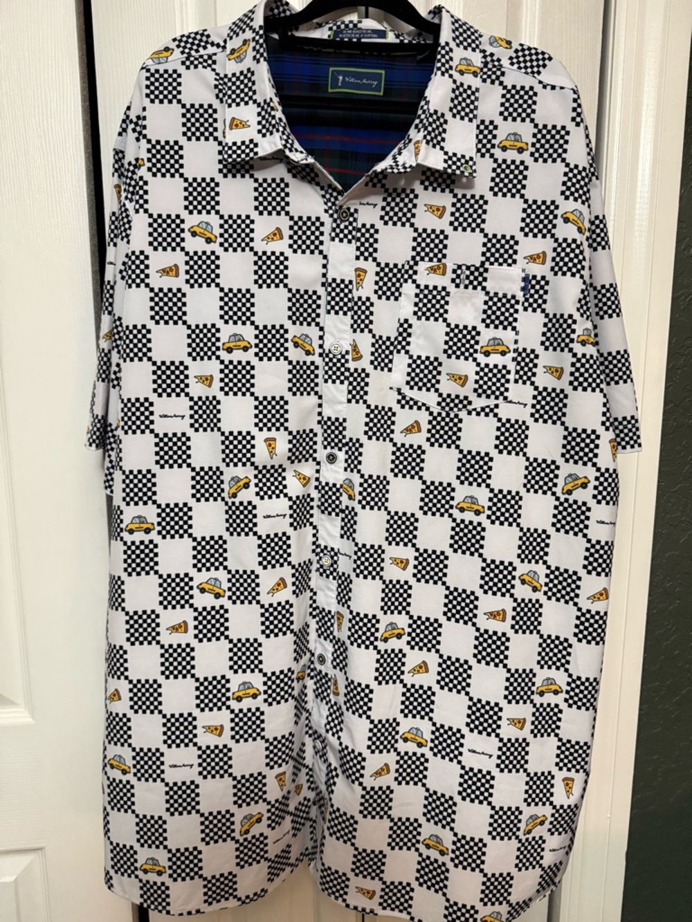 William Murray White Black Check Shirt with Yellow Car & Pizza Motifs